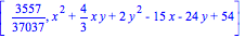 [3557/37037, x^2+4/3*x*y+2*y^2-15*x-24*y+54]